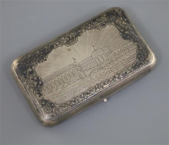 A mid 19th century Russian 84 zolotnik part engine turned silver and niello cigarette case.